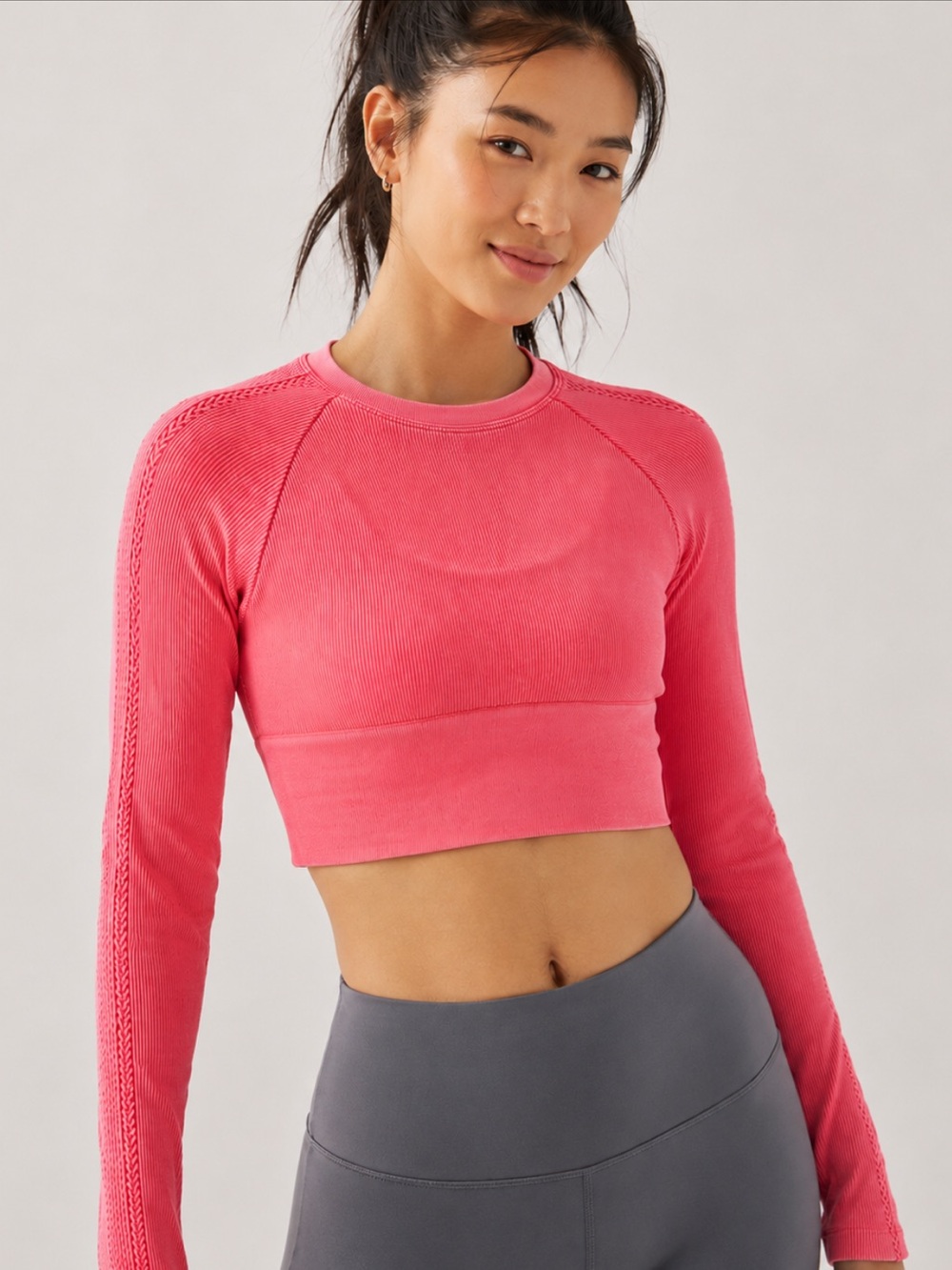 Offline by Aerie Ribbed Seamless Long Sleeve Crop Top Pink Small Activewear